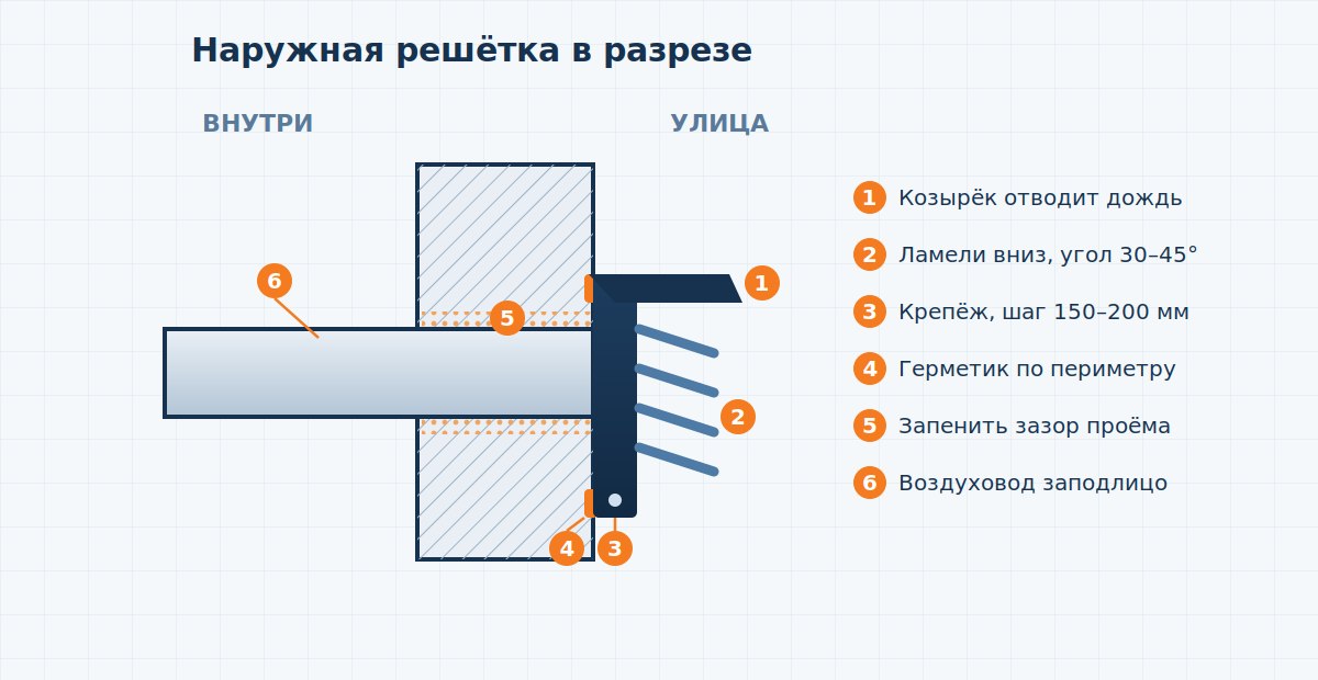 Разрез монтажа наружной вентиляционной решетки в стене