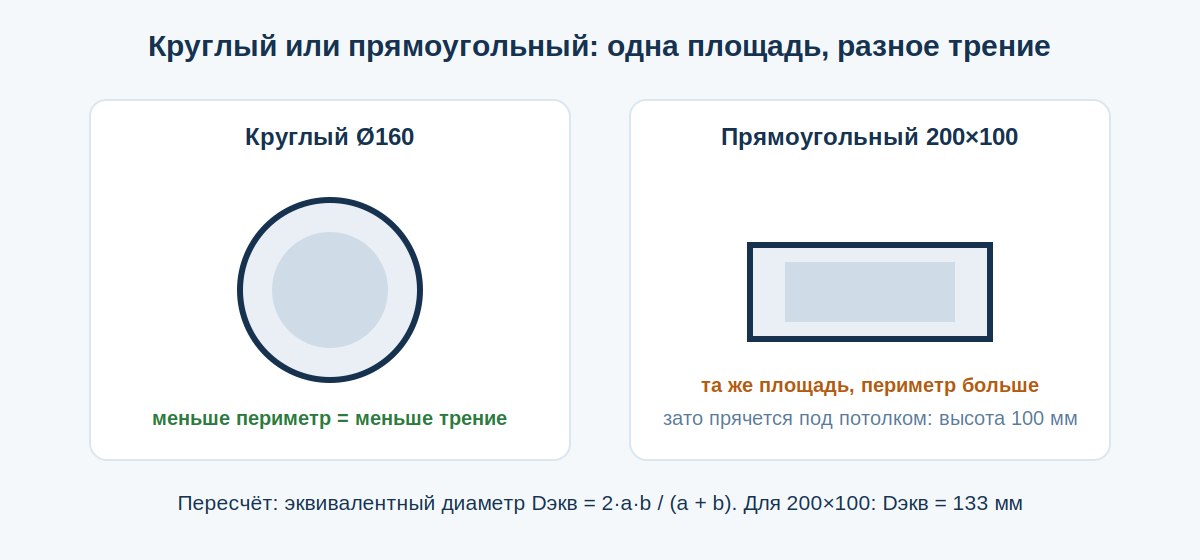 Сравнение круглого и прямоугольного воздуховодов равной площади