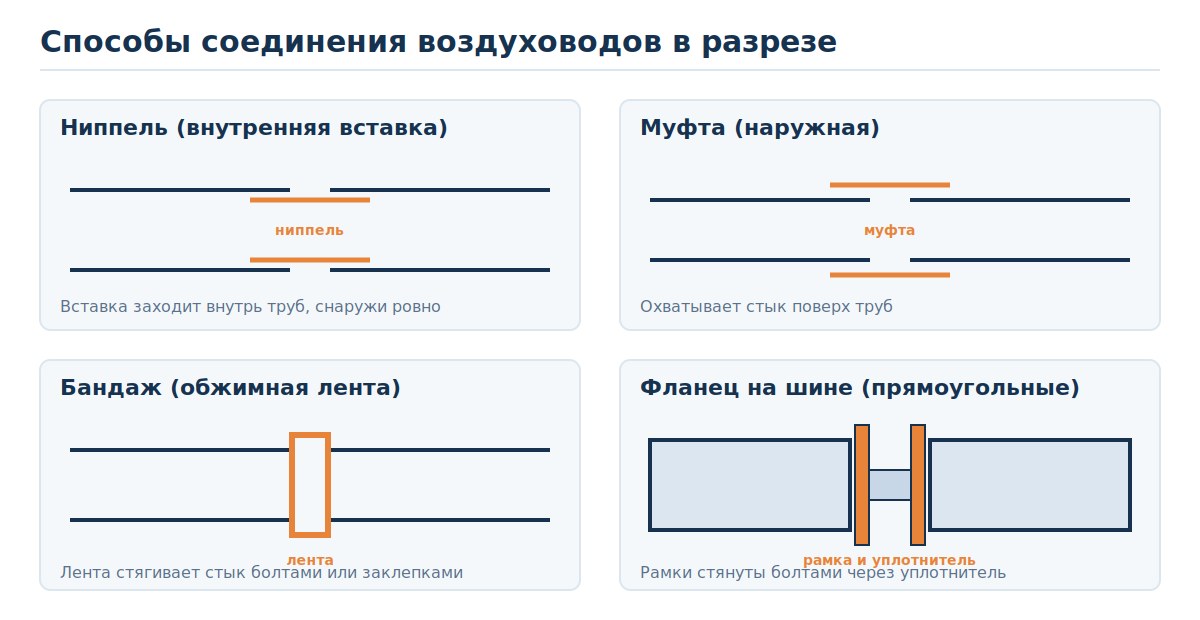 Способы соединения воздуховодов в разрезе: ниппель, муфта, фланец, бандаж