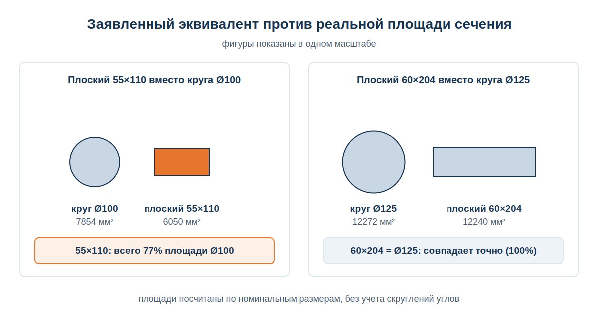 Сравнение площади сечения плоского и круглого пластикового воздуховода