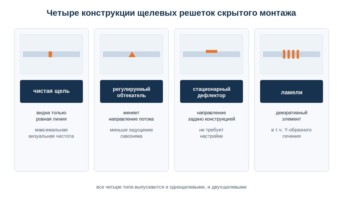 Четыре конструкции щелевых решеток скрытого монтажа в разрезе