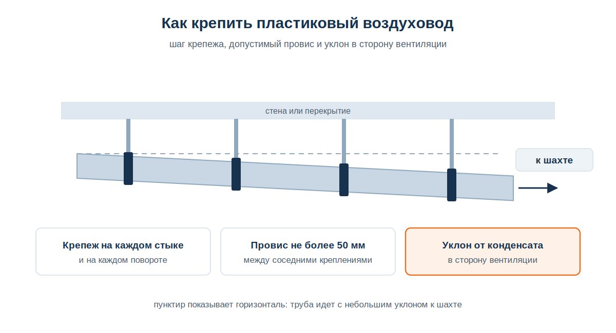 Крепление пластикового воздуховода хомутами с уклоном к шахте