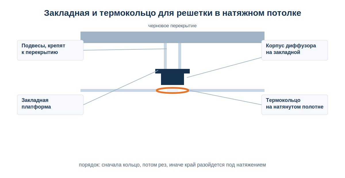 Закладная платформа и термокольцо для решетки в натяжном потолке
