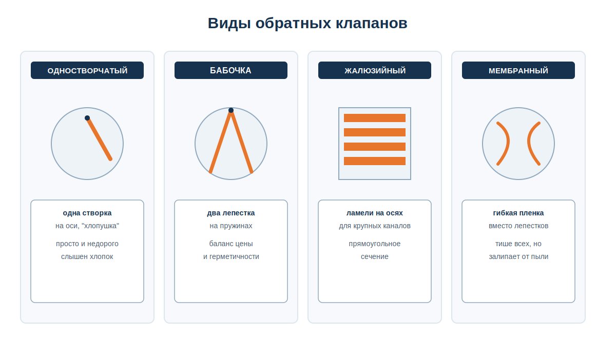 Четыре типа обратных клапанов вентиляции: одностворчатый, бабочка, жалюзийный, мембранный