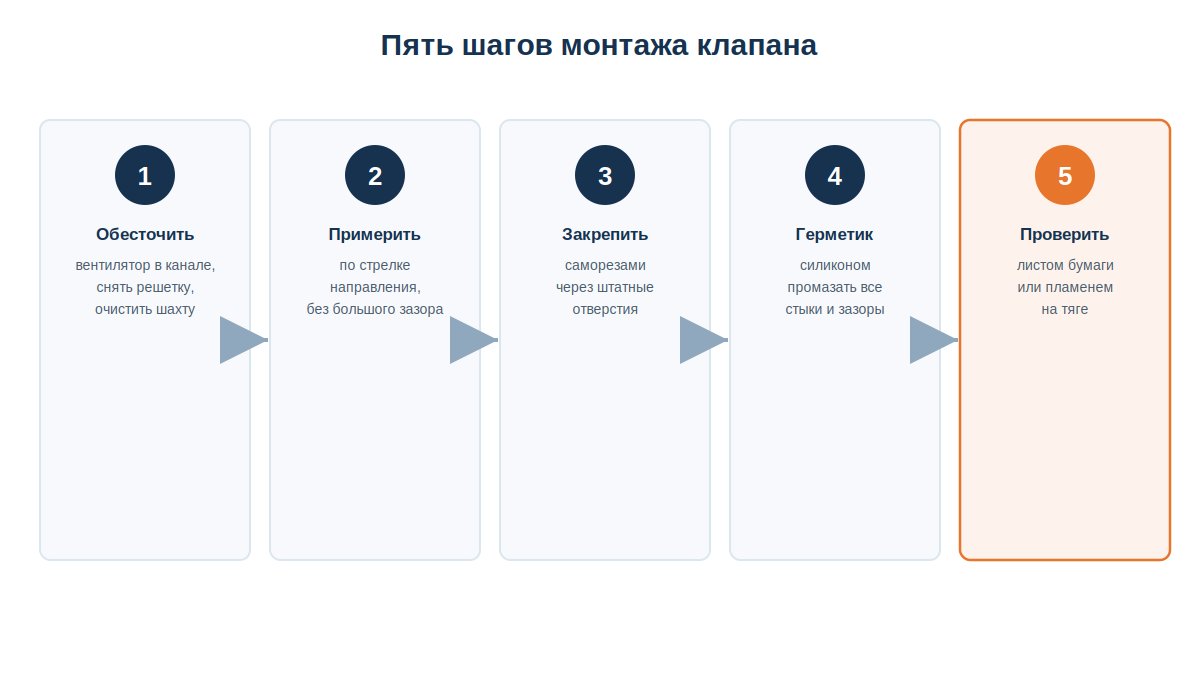 Пять шагов монтажа обратного клапана: обесточить, примерить по стрелке, закрепить, загерметизировать, проверить