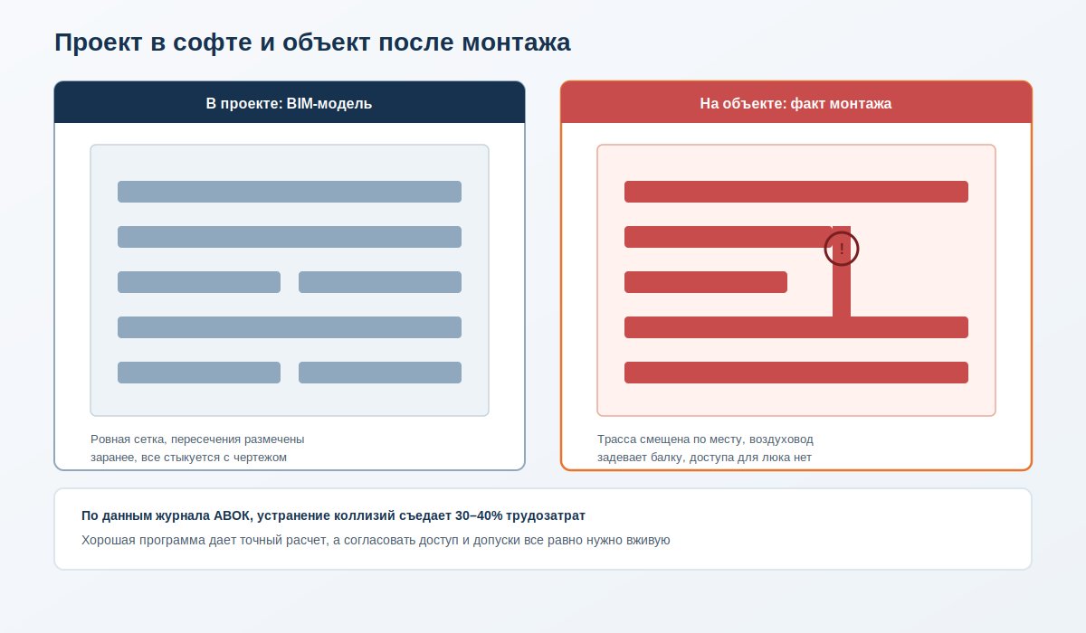 Сравнение ровной BIM-модели воздуховодов и реального монтажа с коллизией