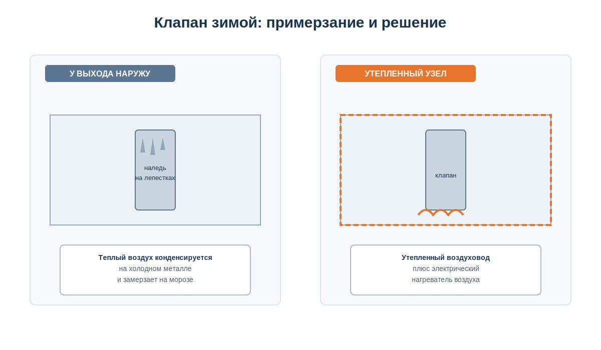 Обледенение обратного клапана у наружной стены зимой и утепленный узел как решение