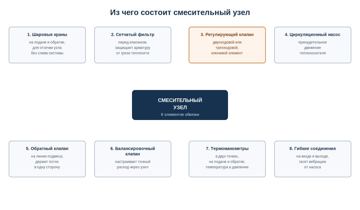 Схема смесительного узла в разрезе с обозначением всех элементов обвязки
