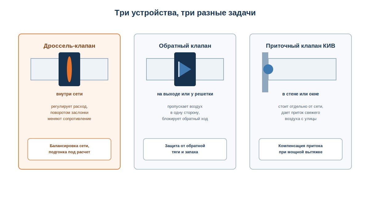 Схема сравнения дроссель-клапана, обратного клапана и КИВ в сети вентиляции
