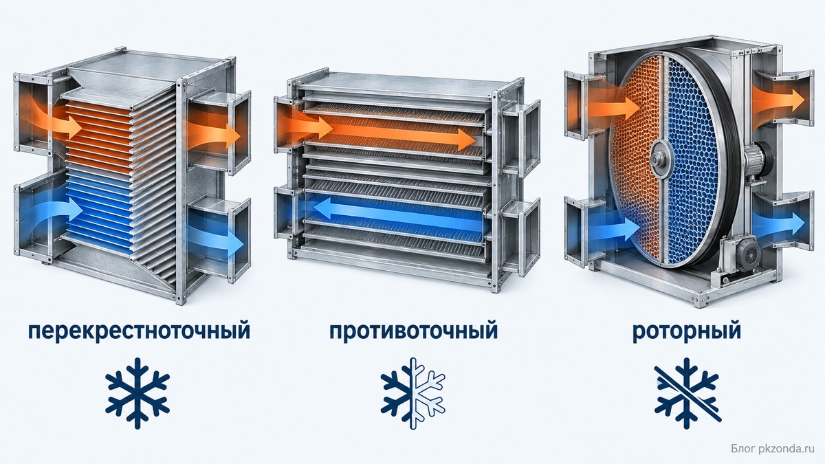 Сравнение трех типов рекуператора по КПД и риску обмерзания зимой