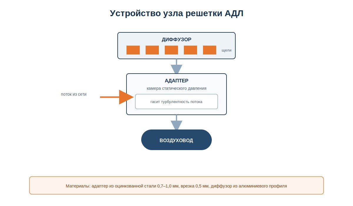 Разрез узла решетки АДЛ: диффузор с ламелями и адаптер-камера статического давления снизу