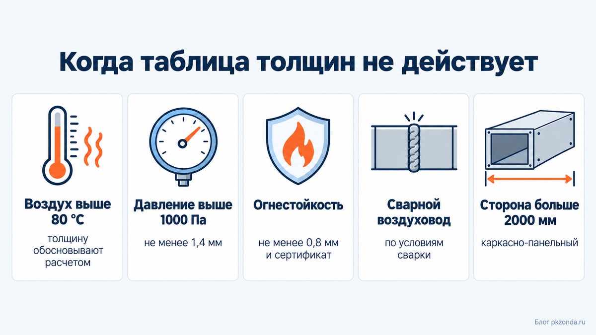 Условия, при которых таблица толщин стали воздуховодов не действует