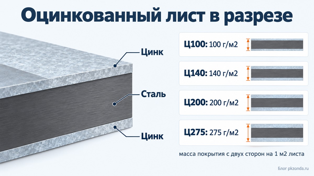 Разрез оцинкованного листа: стальная основа и слой цинка с двух сторон