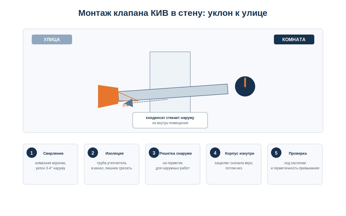 Пошаговая схема монтажа клапана КИВ в стену с уклоном отверстия к улице