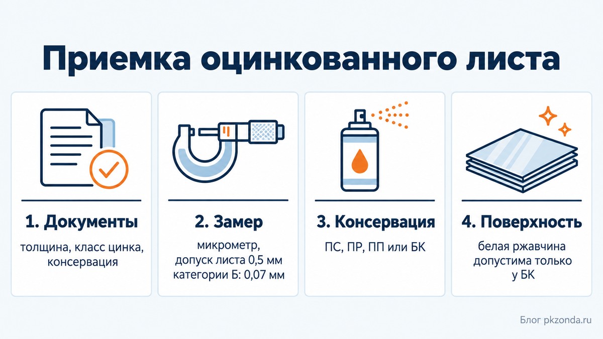 Порядок приемки оцинкованного листа: документы, замер толщины, консервация, поверхность