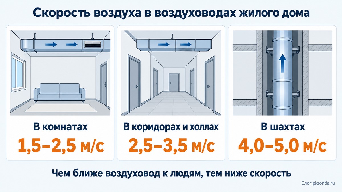 Рекомендуемая скорость воздуха в воздуховодах жилого дома
