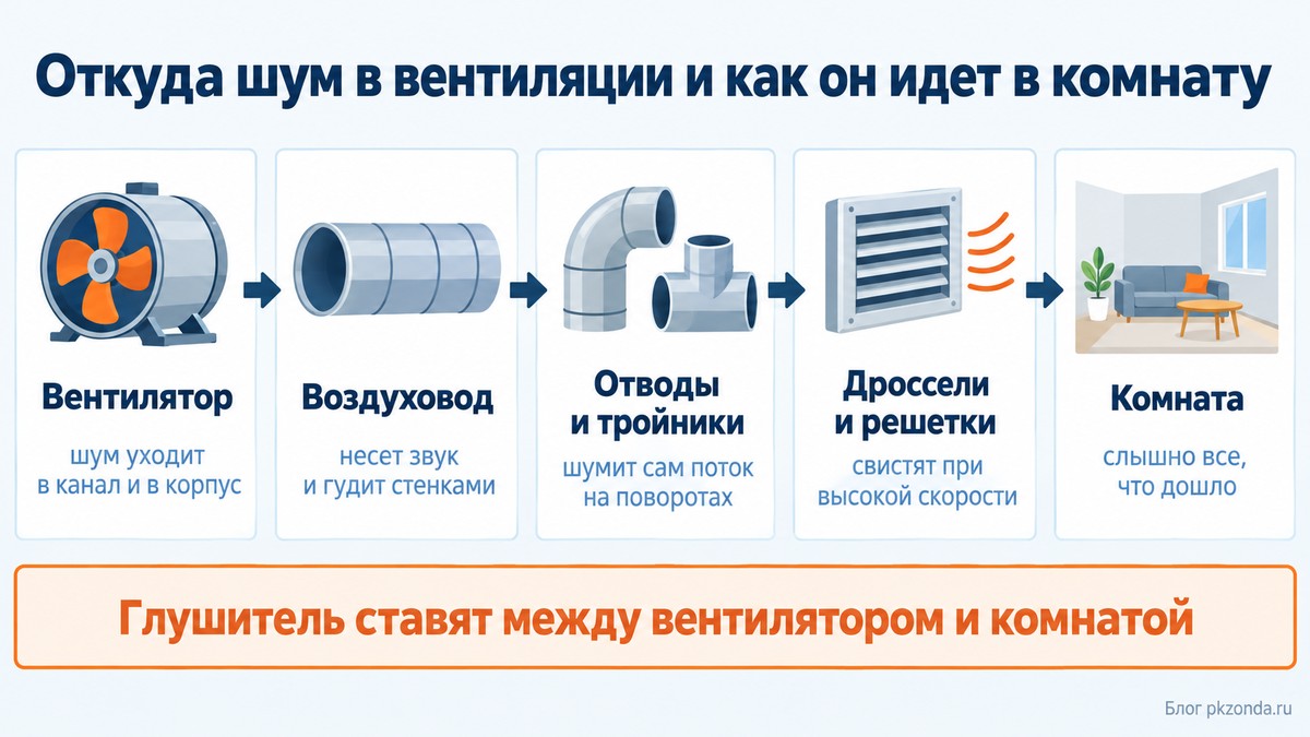 Откуда берется шум в вентиляции: вентилятор, воздуховод, отводы, решетки, комната