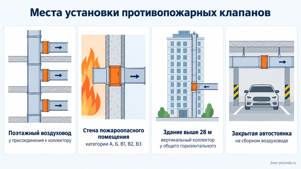 Места установки противопожарных клапанов в системе вентиляции по своду правил