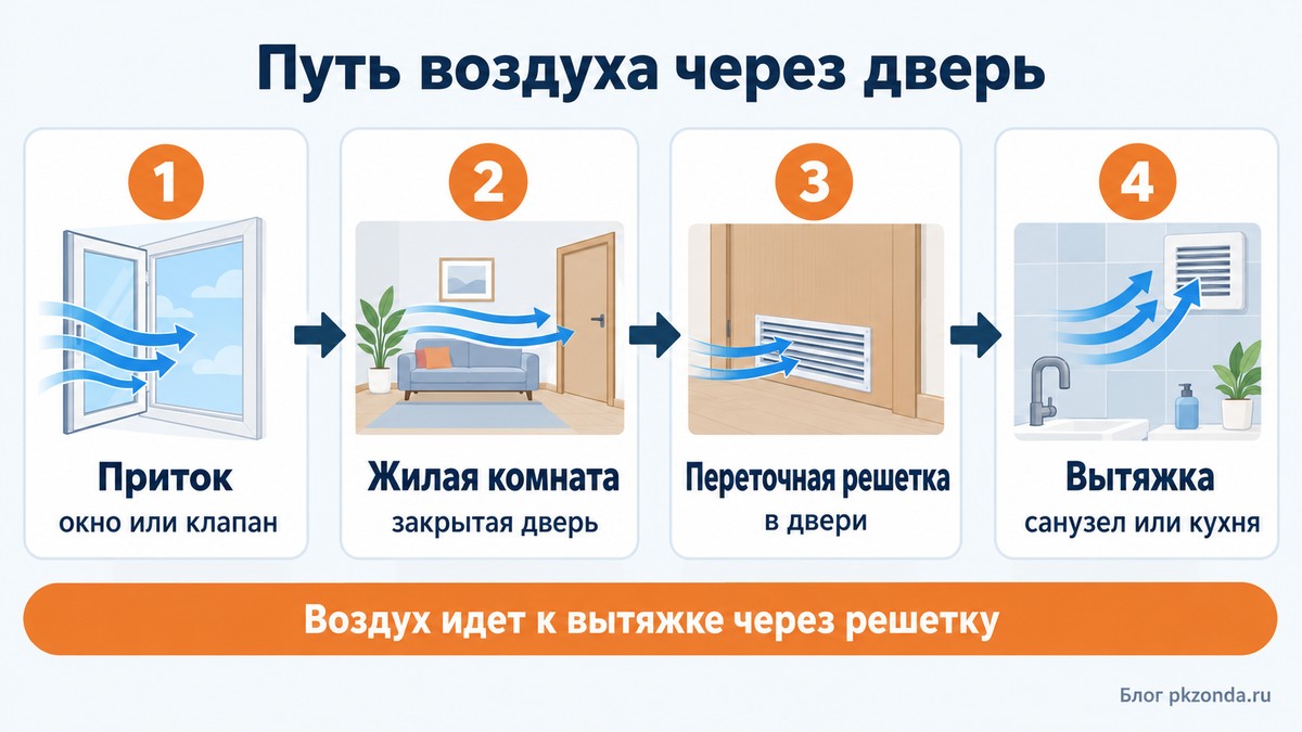 Путь воздуха в квартире: приток в комнате, переточная решетка в двери, вытяжка в санузле