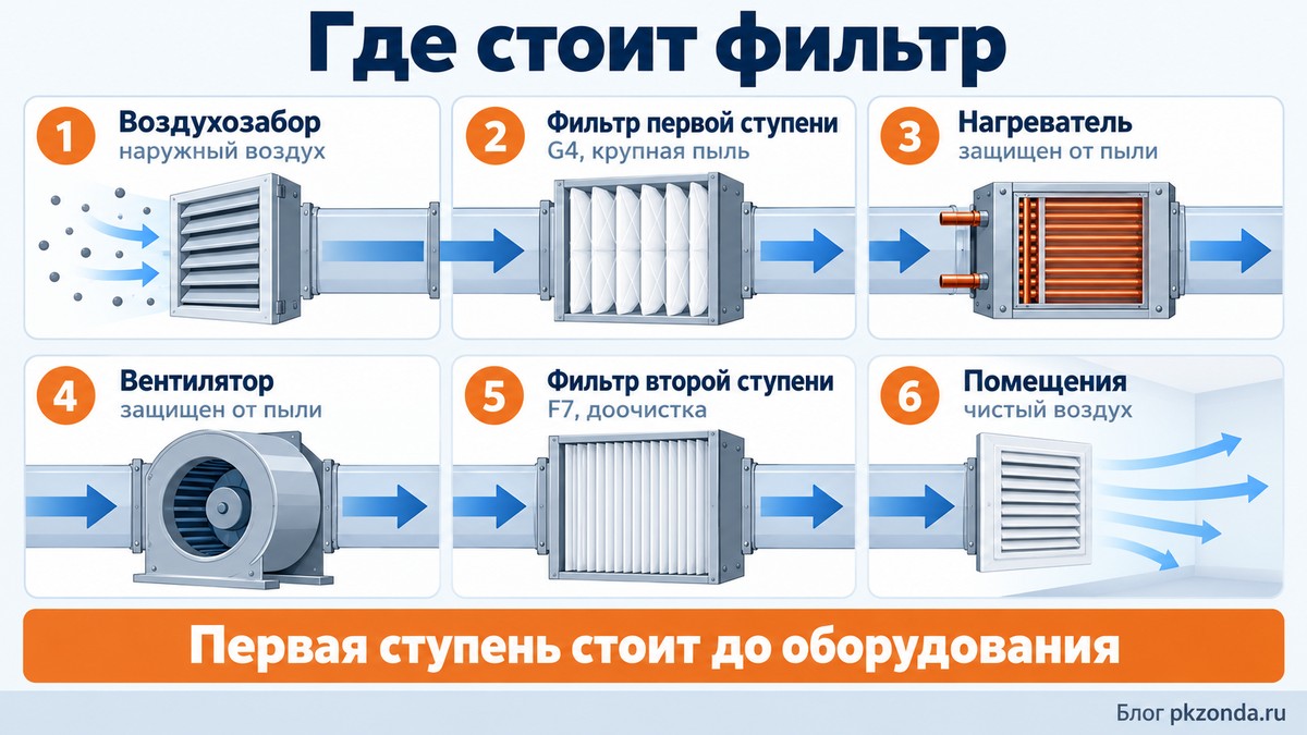 Приточная система по ходу воздуха: фильтры первой и второй ступени, нагреватель, вентилятор