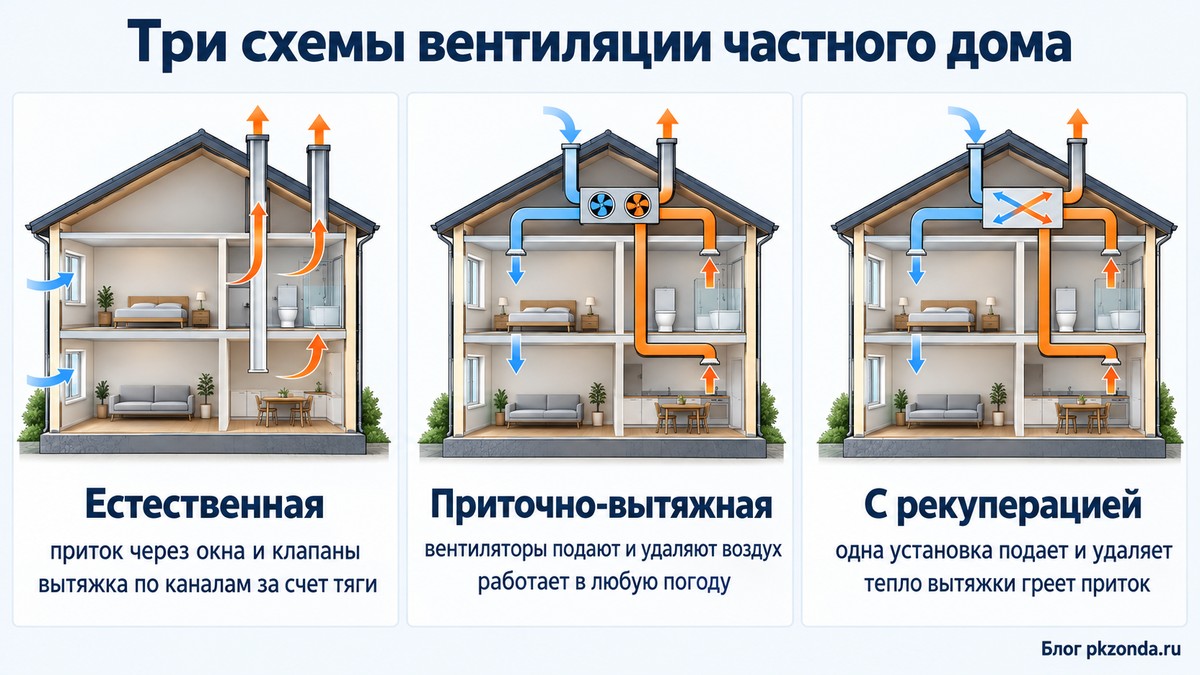 Три схемы вентиляции частного дома: естественная, приточно-вытяжная, с рекуперацией