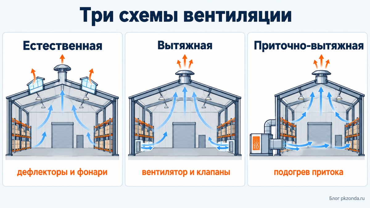 Три схемы вентиляции склада: естественная, вытяжная механическая и приточно-вытяжная