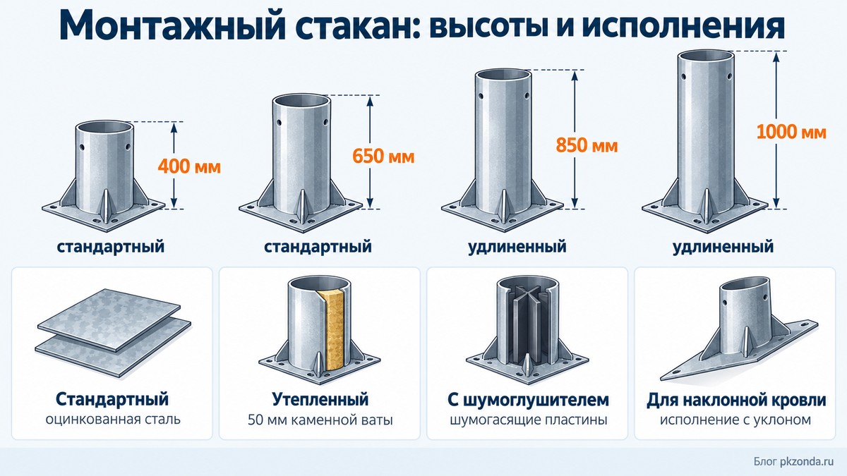 Четыре высоты монтажного стакана и четыре исполнения для крышного вентилятора