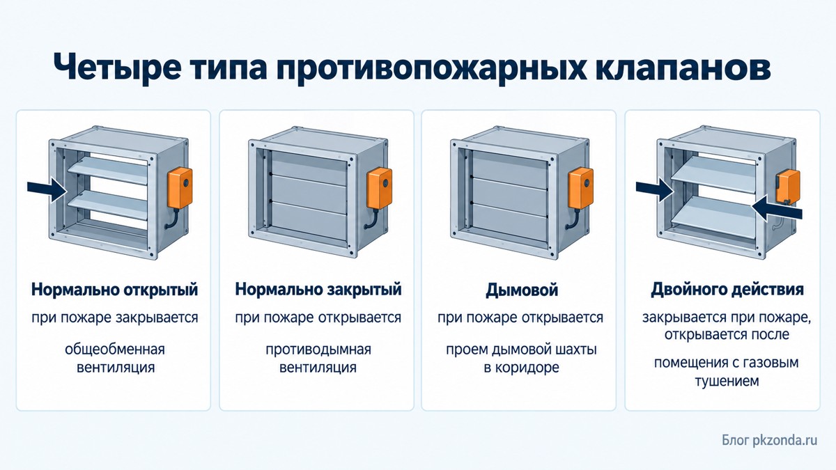 Четыре типа противопожарных клапанов и их поведение при пожаре