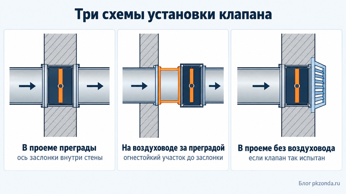 Три схемы установки противопожарного клапана относительно стены