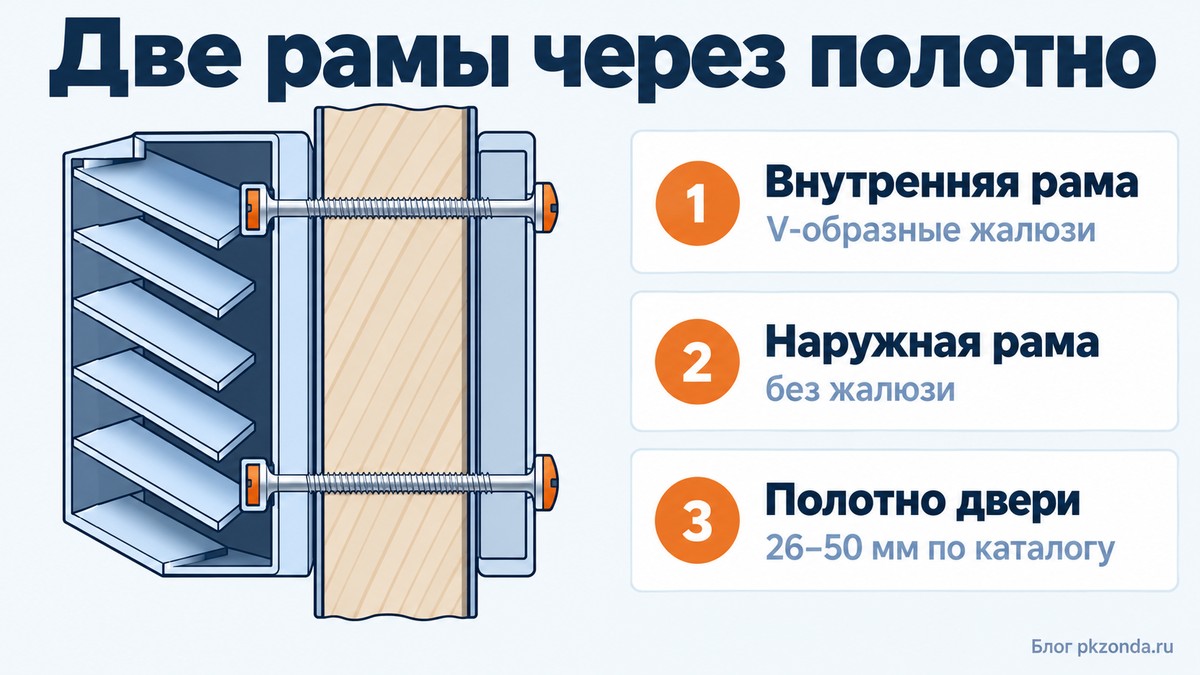 Устройство переточной решетки: внутренняя рама с V-образными жалюзи, наружная рама и полотно двери