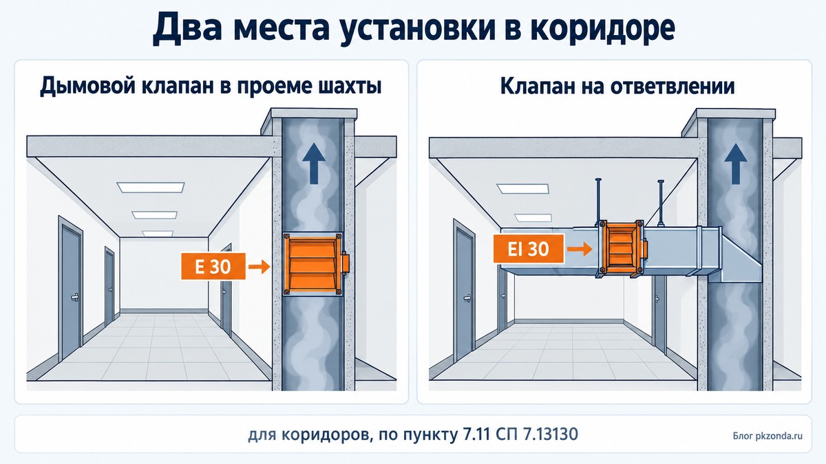 Дымовой клапан в проеме шахты с пределом E 30 и клапан на ответвлении с пределом EI 30