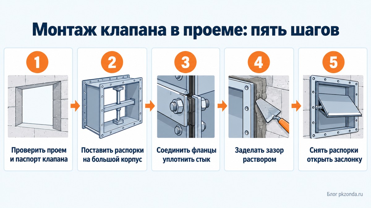 Порядок монтажа противопожарного клапана в проеме стены