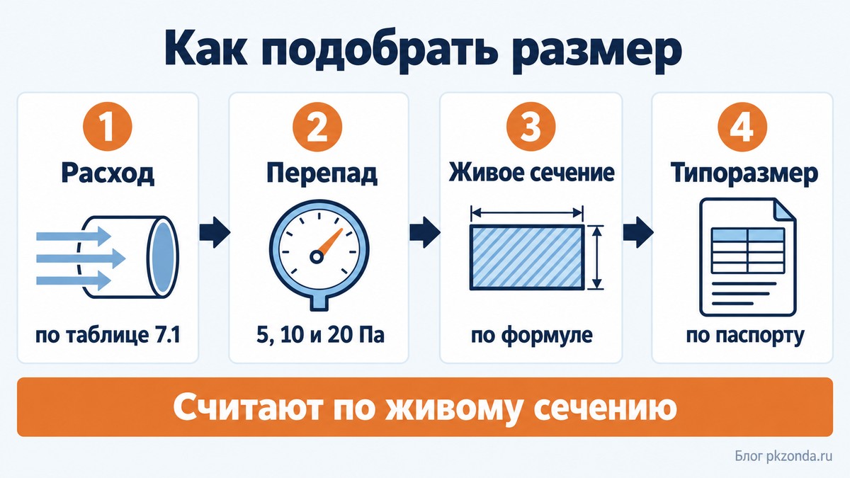 Четыре шага подбора размера переточной решетки: расход, перепад давления, живое сечение, типоразмер