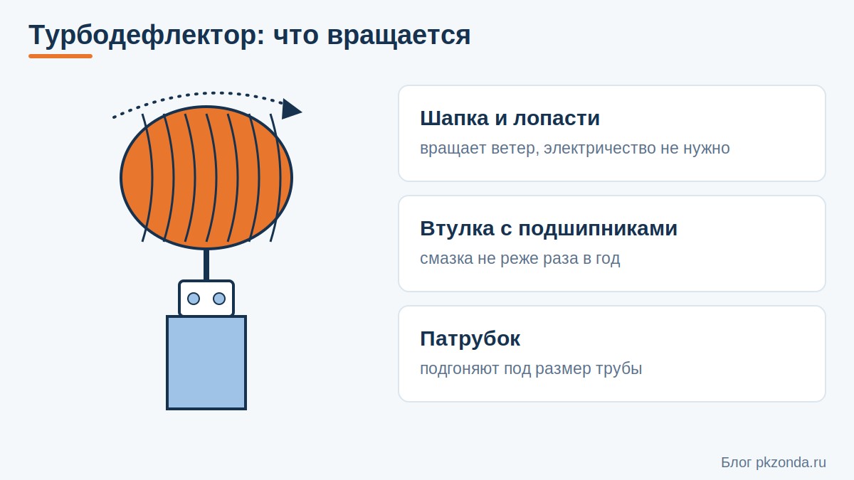 Турбодефлектор: шапка с лопастями, втулка с подшипниками и патрубок