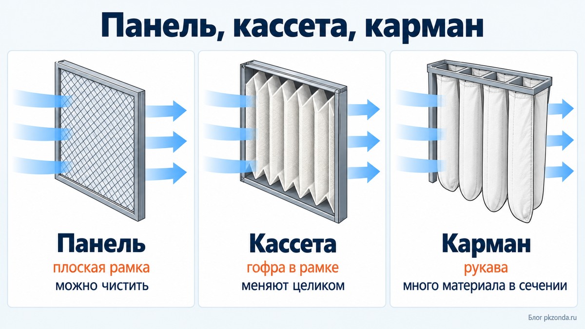 Панельный, кассетный и карманный фильтр в разрезе с направлением потока воздуха