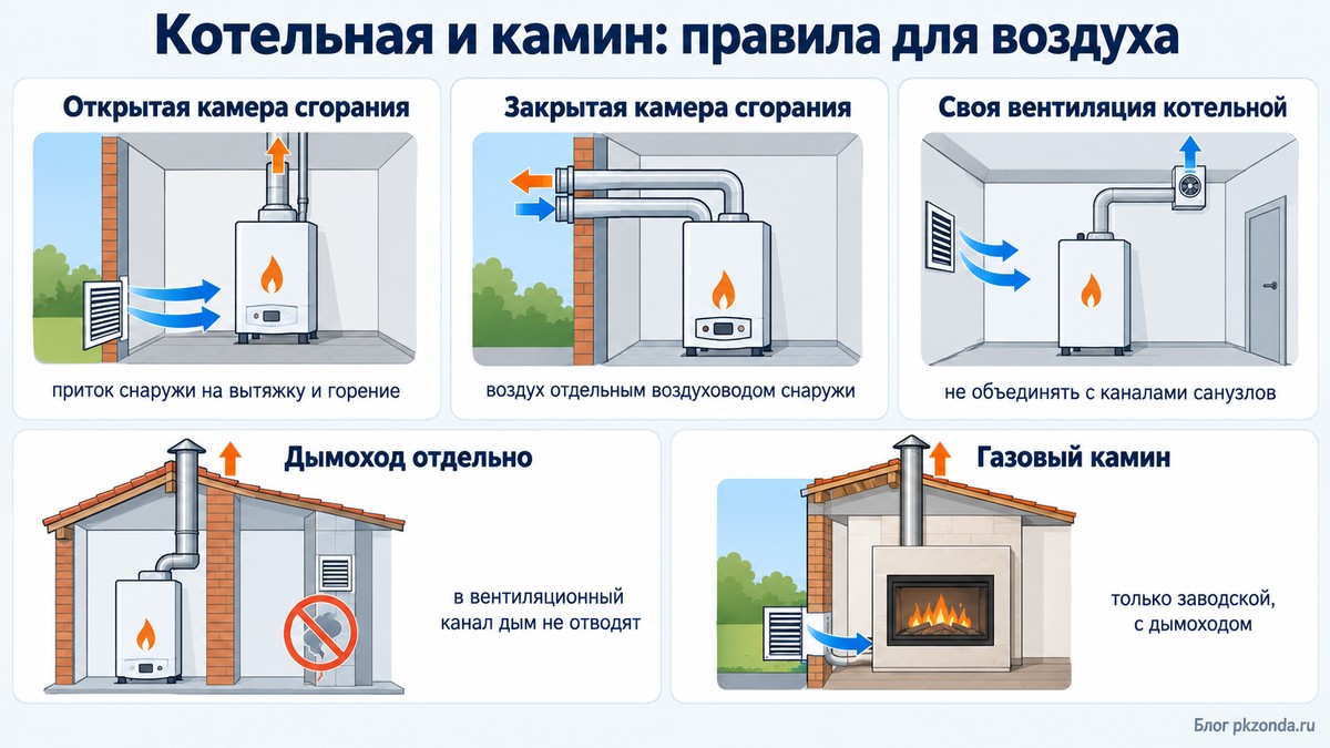 Правила подачи воздуха для котла и камина в частном доме