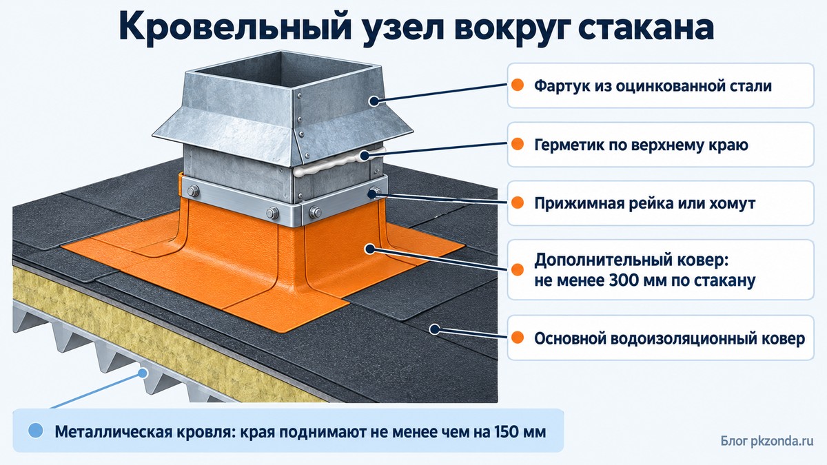 Кровельный узел вокруг стакана: дополнительный ковер, рейка, герметик и фартук