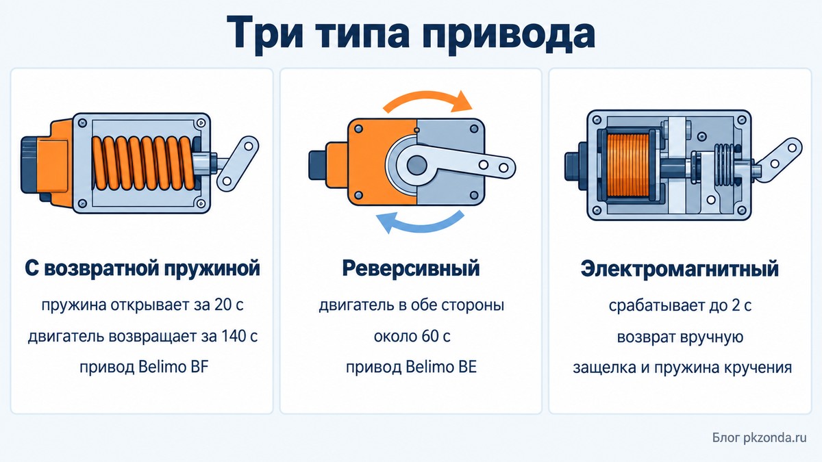 Три типа привода дымового клапана: с возвратной пружиной, реверсивный и электромагнитный