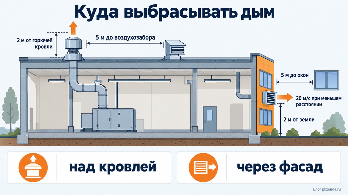 Расстояния при выбросе дыма: над кровлей и через фасадную решетку