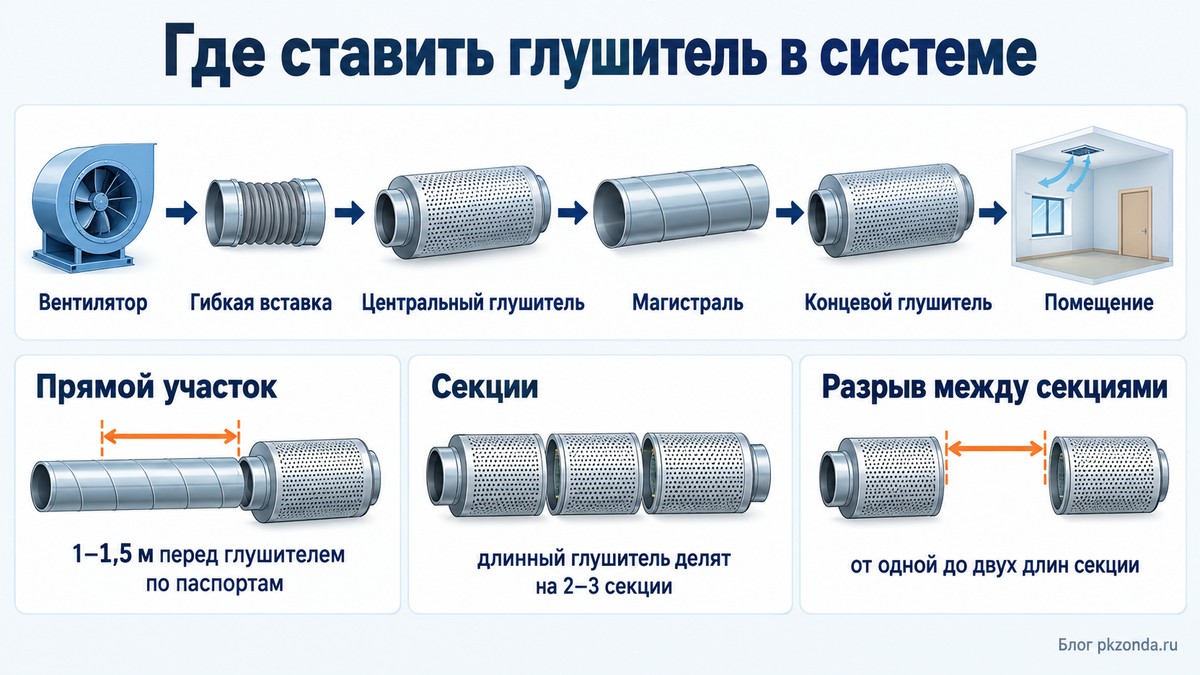 Расположение центрального и концевого глушителя, прямой участок и секции