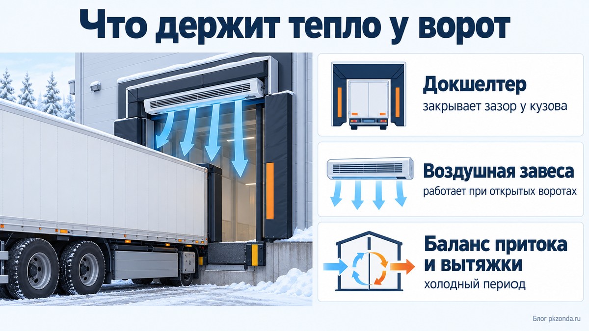 Ворота склада зимой: баланс притока и вытяжки, воздушная завеса, докшелтер
