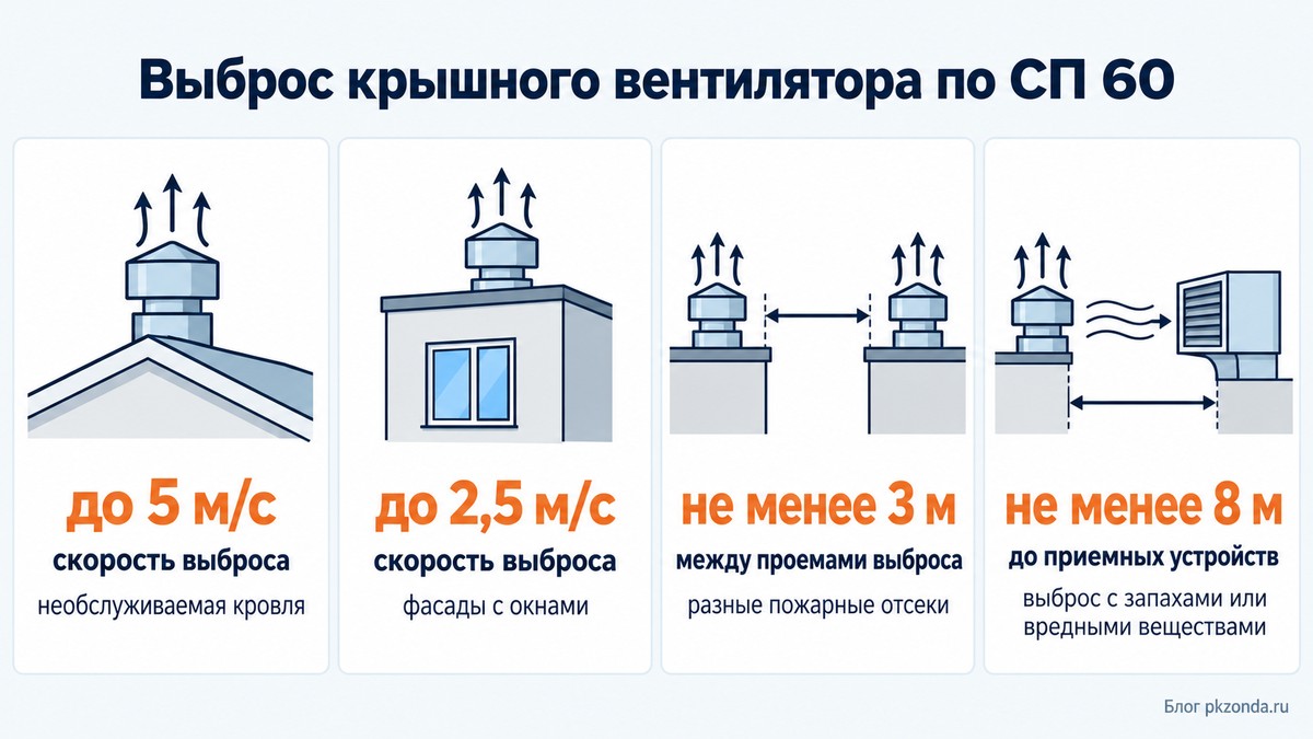 Выброс крышного вентилятора: скорость на кровле, расстояния до воздухозаборов и между проемами разных отсеков