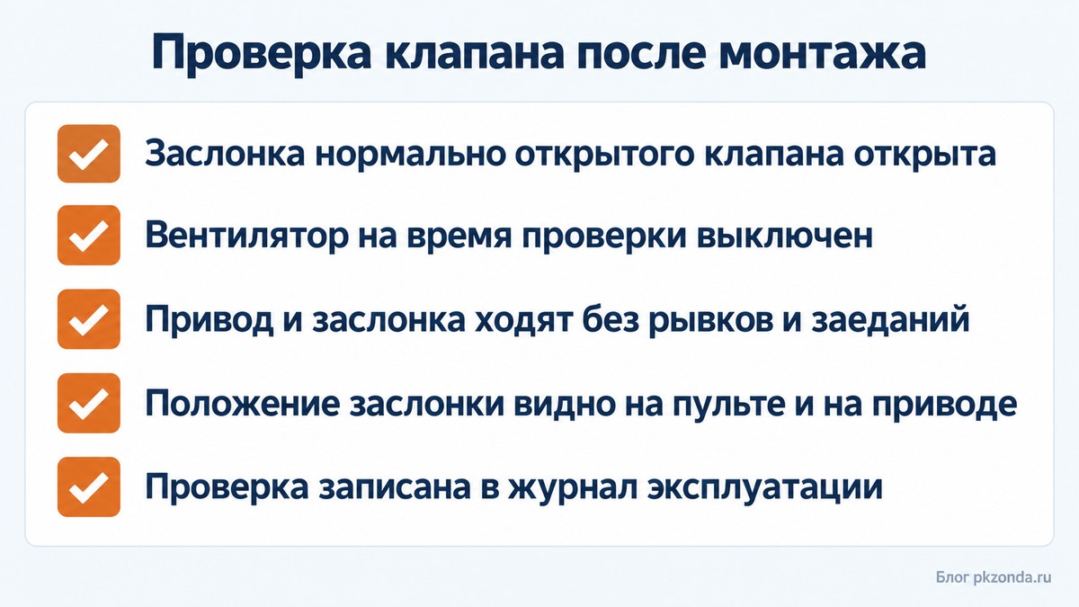 Что проверить у противопожарного клапана после монтажа