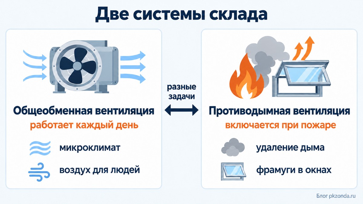 Две системы склада: общеобменная вентиляция и противодымная вентиляция с фрамугами