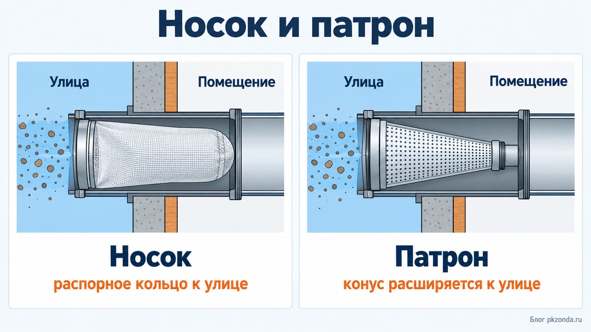 Бытовой канальный фильтр типа носок и патронного типа в трубе через стену