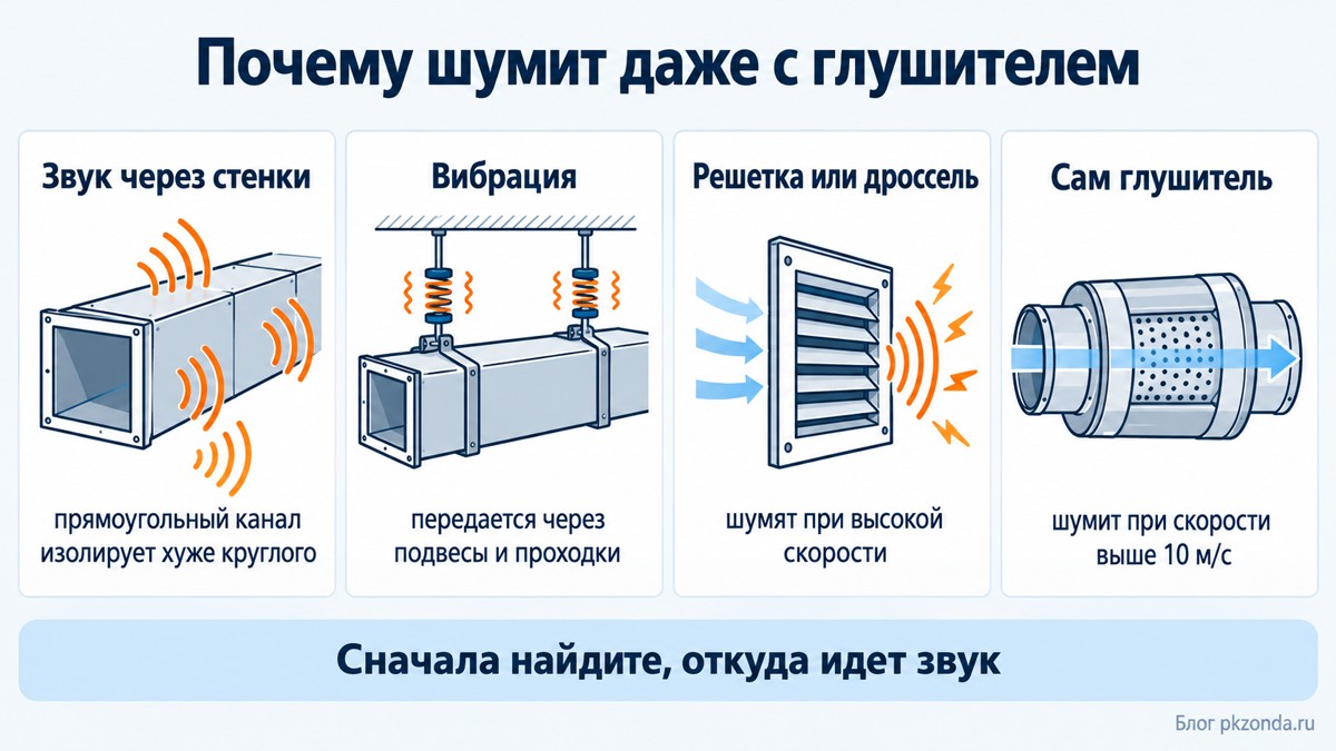 Четыре причины шума при установленном глушителе: стенки канала, вибрация, решетка, скорость