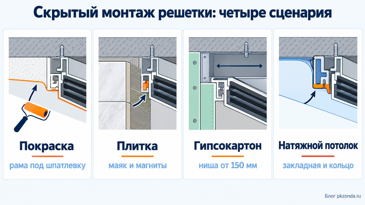 Четыре сценария скрытого монтажа решетки: покраска, плитка, гипсокартон, натяжной потолок