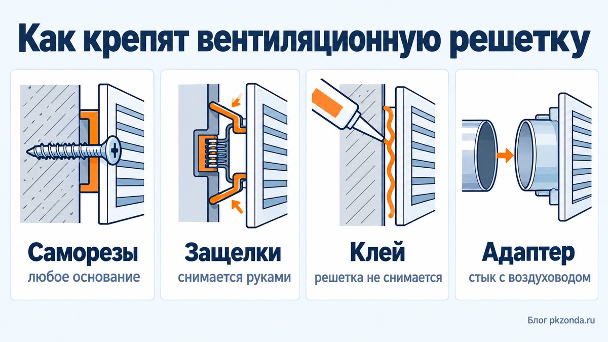 Четыре способа крепления вентиляционной решетки: саморезы, защелки, клей, адаптер